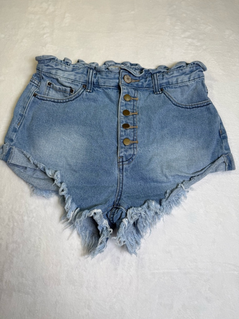 High-Rise Light Blue Frayed Hem‎ Denim Shorts